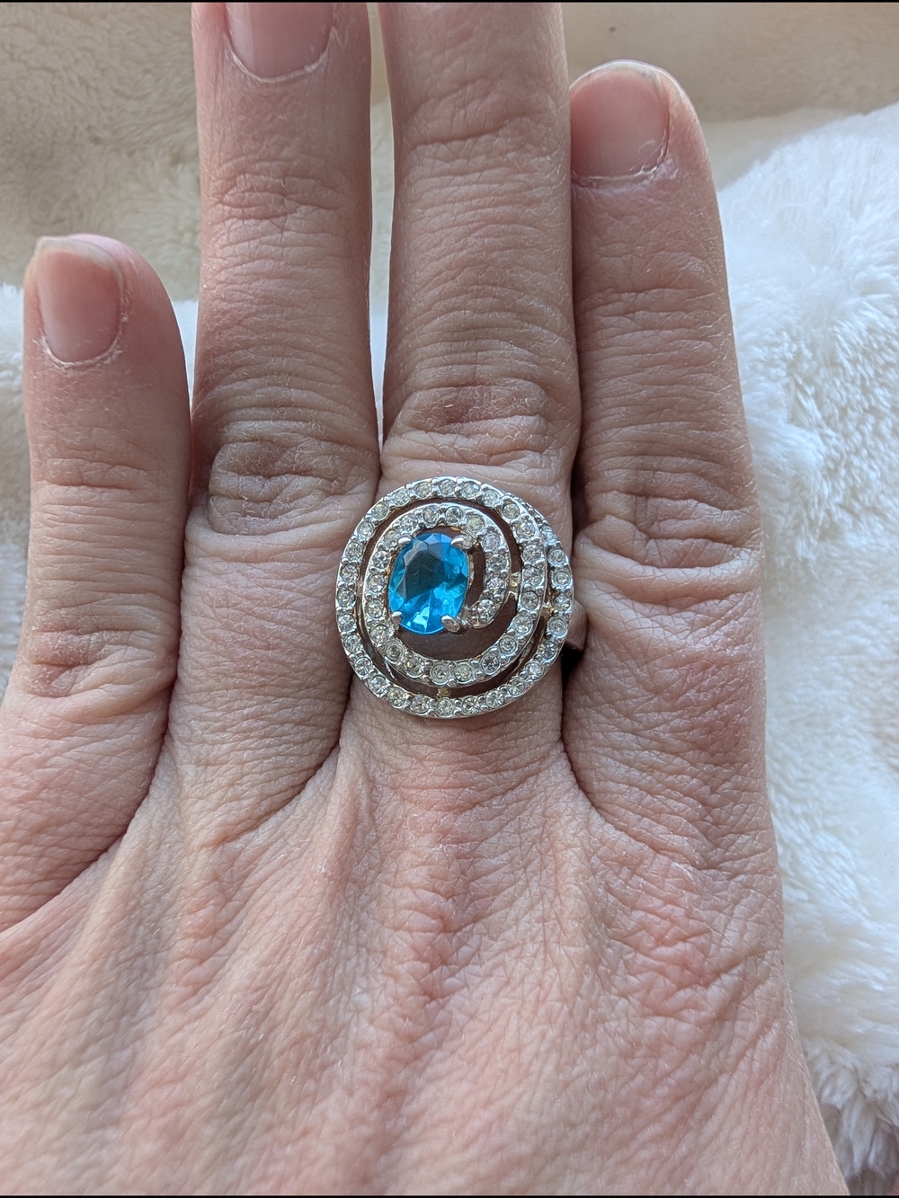 Sterling Silver 925 Blue Topaz Style Halo Swirl Statement Ring CZ Size 7.75